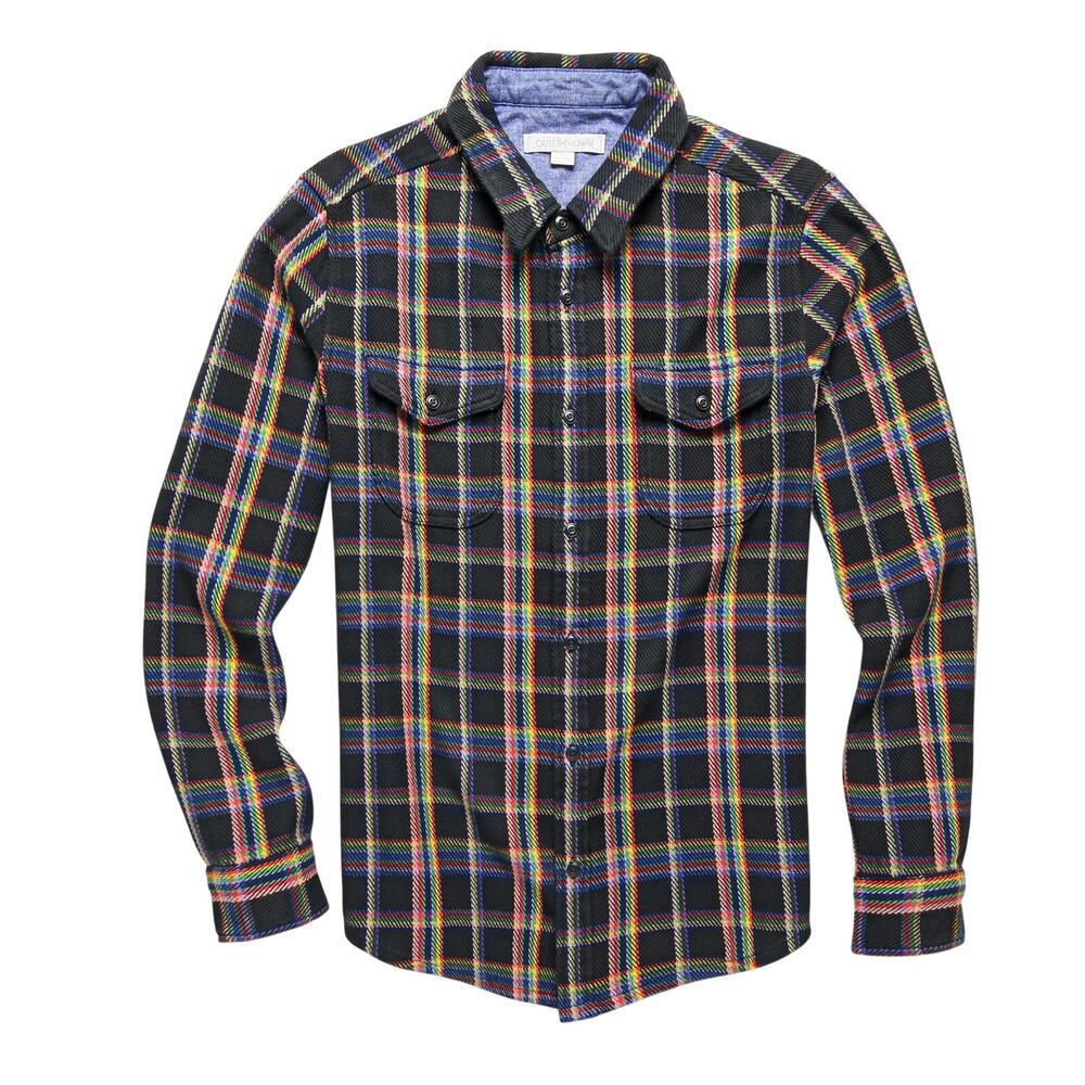 Outerknown Blanket Shirt Size Small Black Rainbow Plaid Organic Cotton MSRP $148